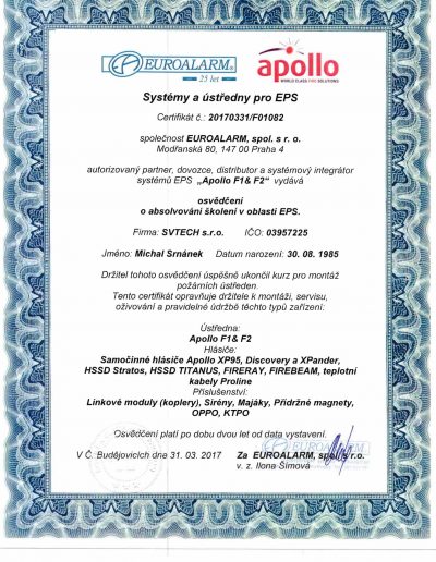 APOLLO F1 & F2 Zertifikat